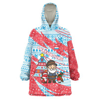 Luxembourg Christmas Wearable Blanket Hoodie with Santa Claus Fox Reindeer Tree and Red Blue Pattern Design - Wonder Print Shop