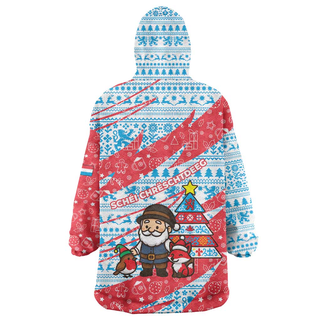 Luxembourg Christmas Wearable Blanket Hoodie with Santa Claus Fox Reindeer Tree and Red Blue Pattern Design - Wonder Print Shop