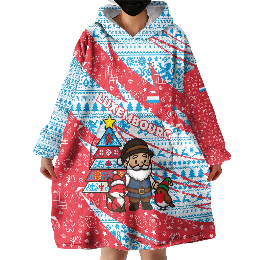 Luxembourg Christmas Wearable Blanket Hoodie with Santa Claus Fox Reindeer Tree and Red Blue Pattern Design - Wonder Print Shop