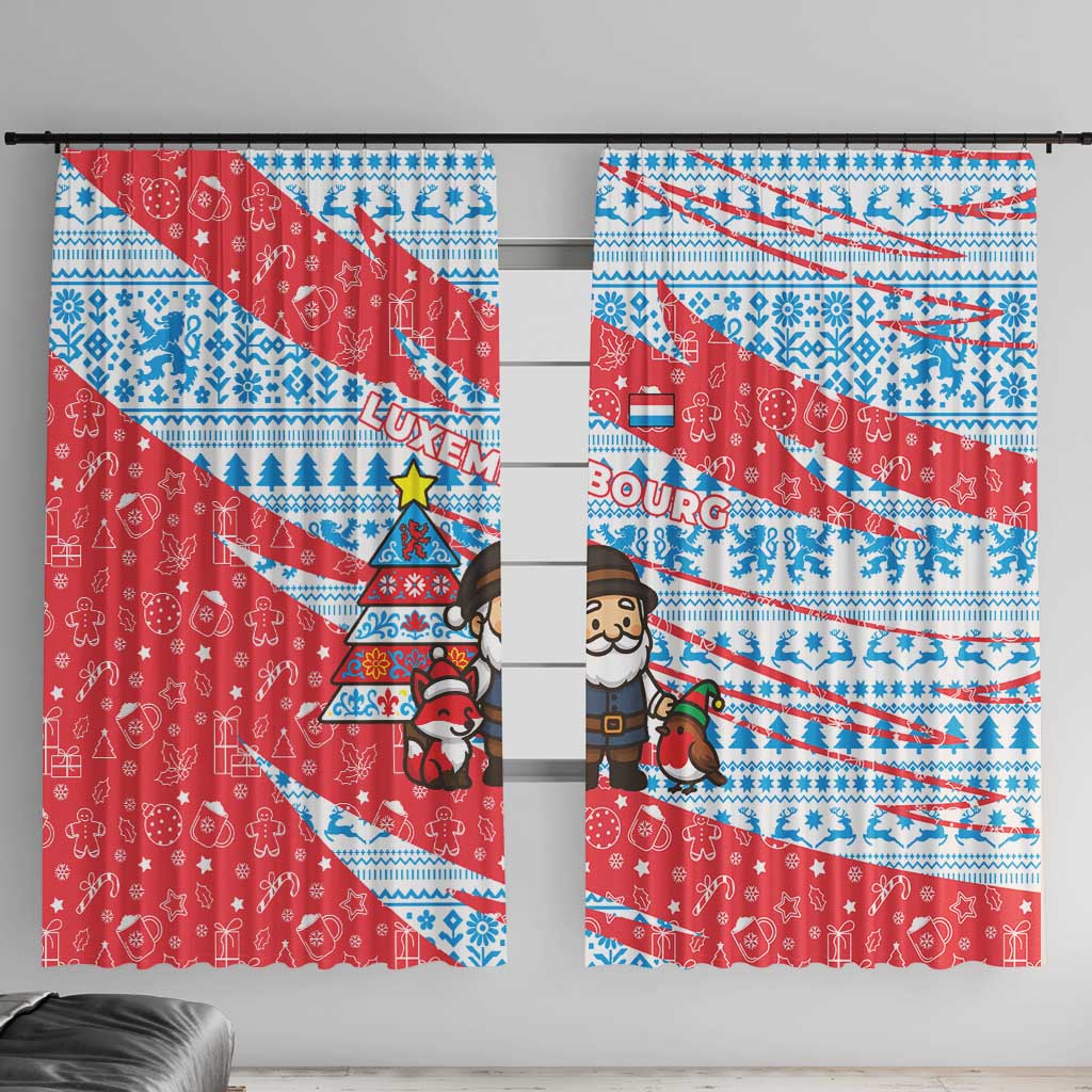 Luxembourg Christmas Window Curtain with Santa Claus Fox Reindeer Tree and Red Blue Pattern Design - Wonder Print Shop