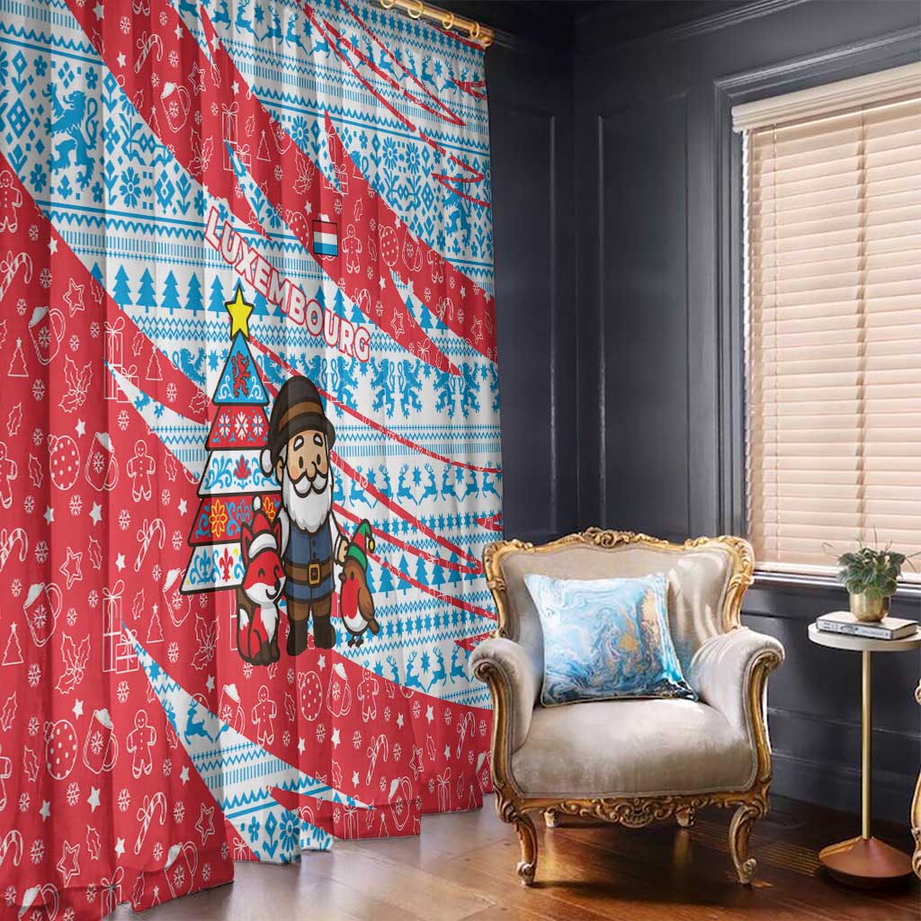 Luxembourg Christmas Window Curtain with Santa Claus Fox Reindeer Tree and Red Blue Pattern Design - Wonder Print Shop