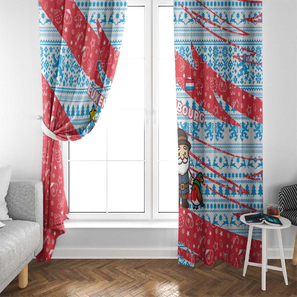Luxembourg Christmas Window Curtain with Santa Claus Fox Reindeer Tree and Red Blue Pattern Design - Wonder Print Shop