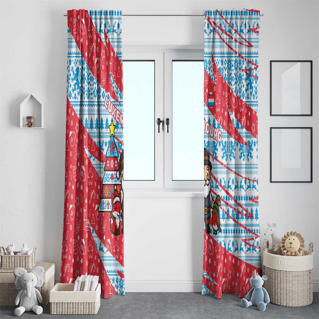 Luxembourg Christmas Window Curtain with Santa Claus Fox Reindeer Tree and Red Blue Pattern Design - Wonder Print Shop