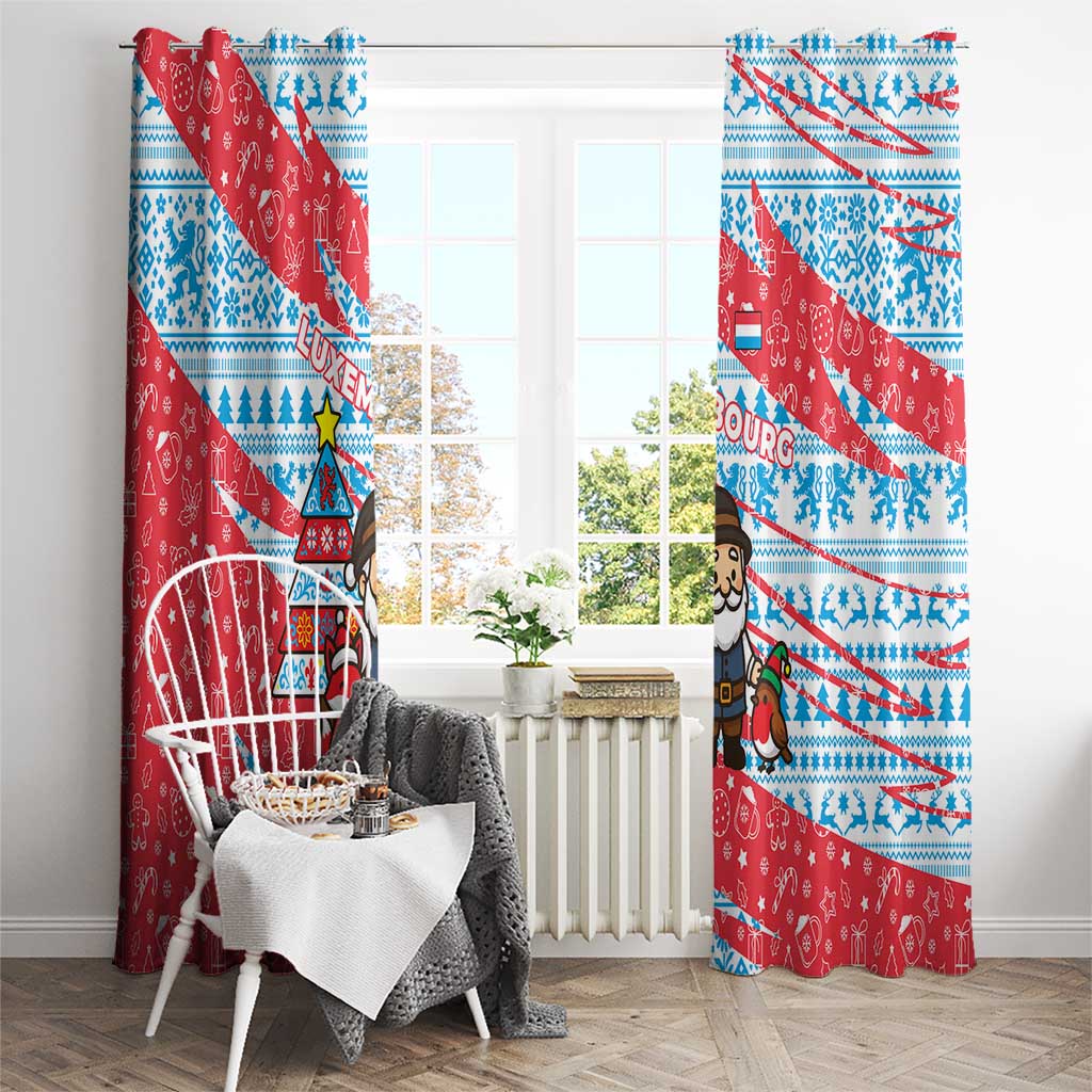 Luxembourg Christmas Window Curtain with Santa Claus Fox Reindeer Tree and Red Blue Pattern Design - Wonder Print Shop