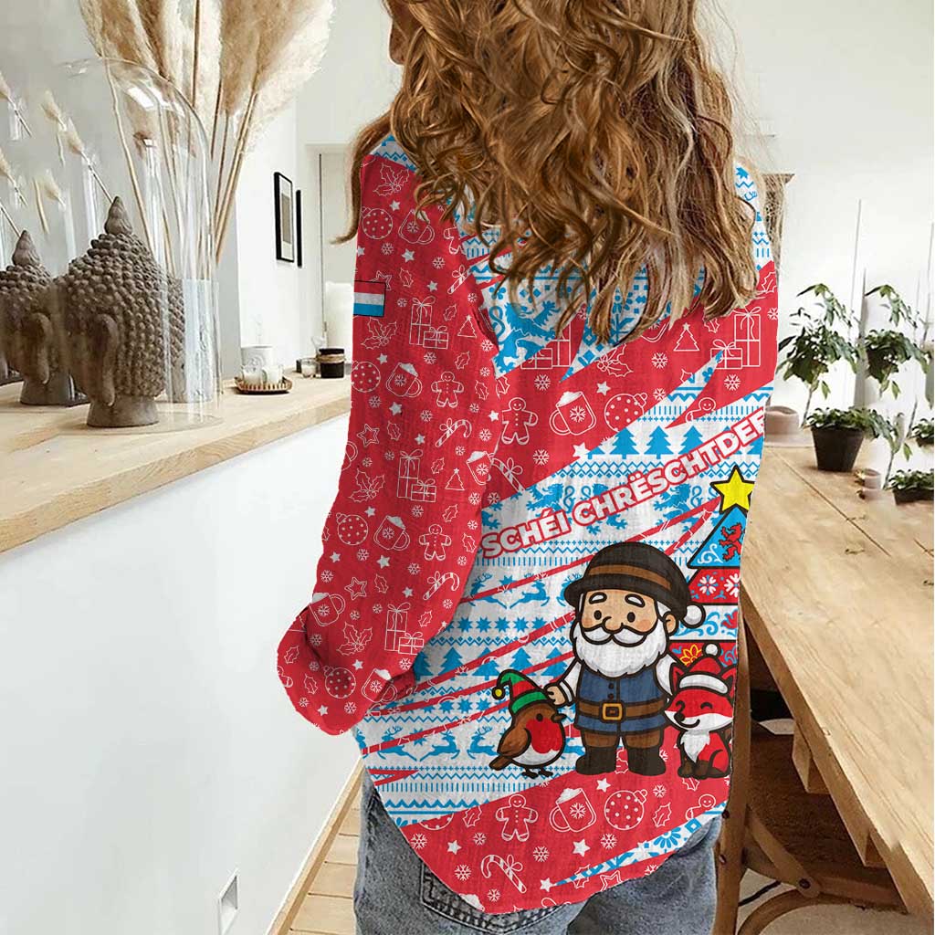 Luxembourg Christmas Women Casual Shirt with Santa Claus Fox Reindeer Tree and Red Blue Pattern Design - Wonder Print Shop
