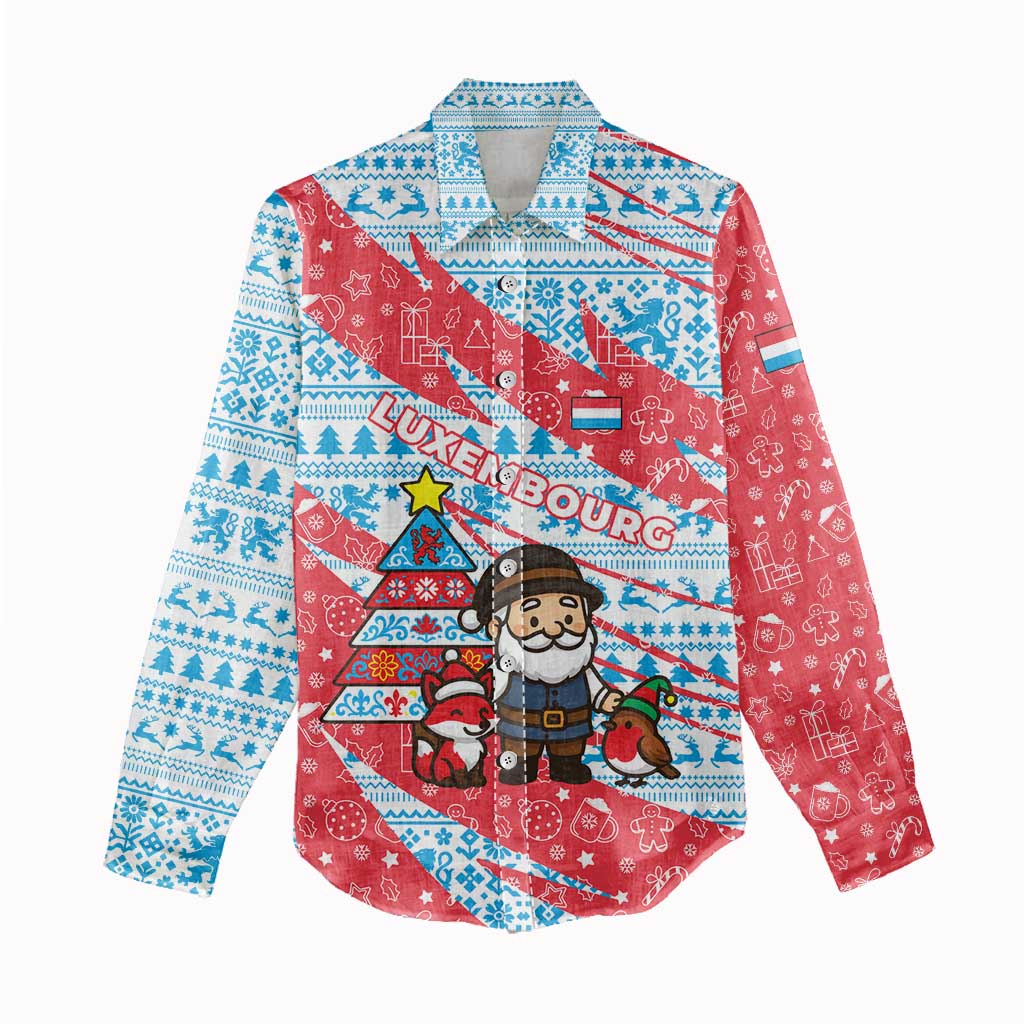 Luxembourg Christmas Women Casual Shirt with Santa Claus Fox Reindeer Tree and Red Blue Pattern Design - Wonder Print Shop