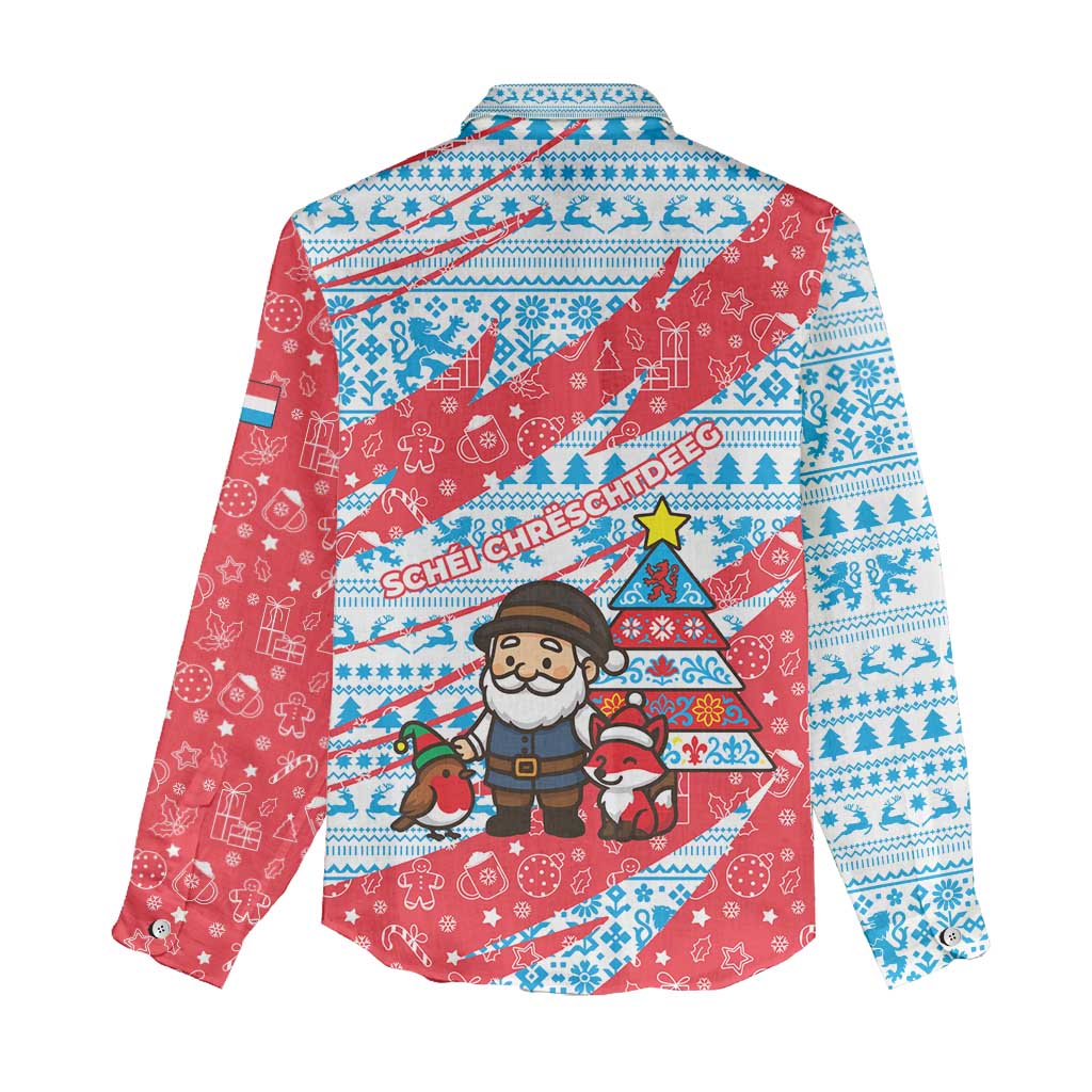 Luxembourg Christmas Women Casual Shirt with Santa Claus Fox Reindeer Tree and Red Blue Pattern Design - Wonder Print Shop