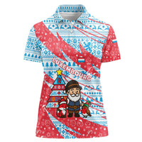 Luxembourg Christmas Women Polo Shirt with Santa Claus Fox Reindeer Tree and Red Blue Pattern Design - Wonder Print Shop