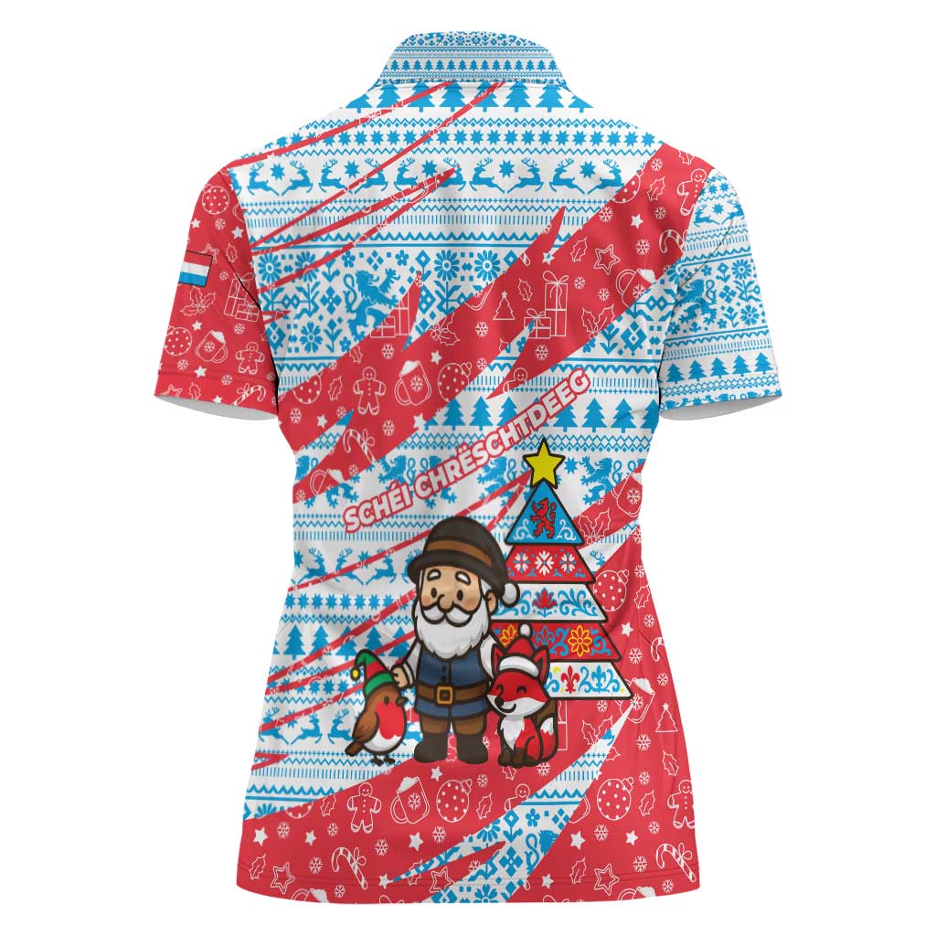Luxembourg Christmas Women Polo Shirt with Santa Claus Fox Reindeer Tree and Red Blue Pattern Design - Wonder Print Shop