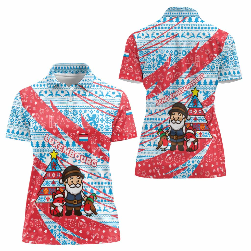 Luxembourg Christmas Women Polo Shirt with Santa Claus Fox Reindeer Tree and Red Blue Pattern Design - Wonder Print Shop