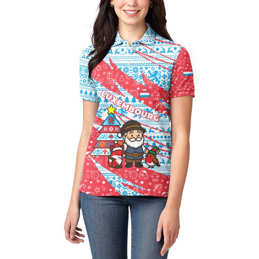 Luxembourg Christmas Women Polo Shirt with Santa Claus Fox Reindeer Tree and Red Blue Pattern Design - Wonder Print Shop