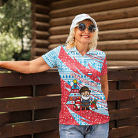 Luxembourg Christmas Women Polo Shirt with Santa Claus Fox Reindeer Tree and Red Blue Pattern Design - Wonder Print Shop