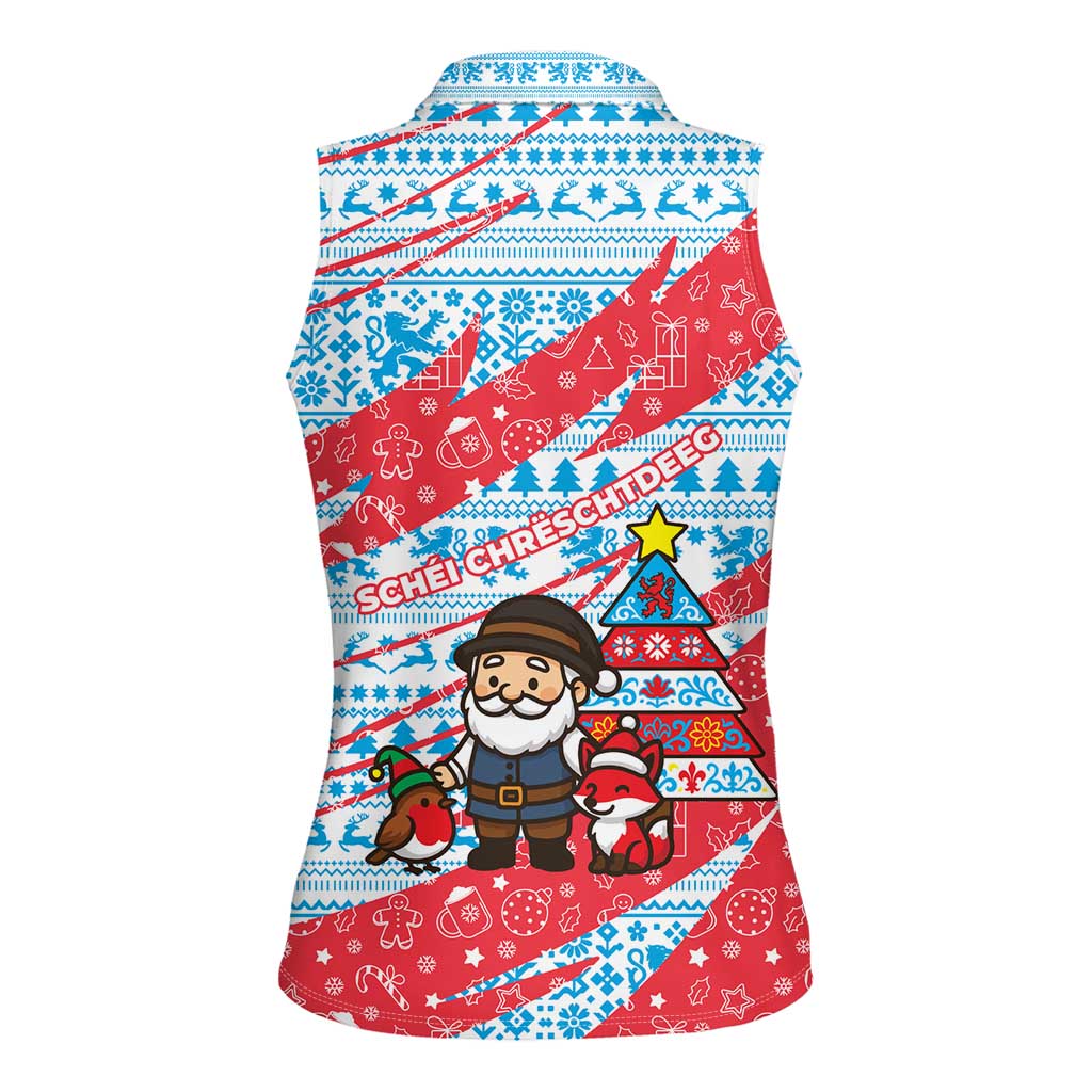 Luxembourg Christmas Women Sleeveless Polo Shirt with Santa Claus Fox Reindeer Tree and Red Blue Pattern Design - Wonder Print Shop