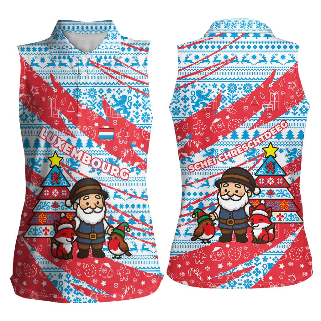 Luxembourg Christmas Women Sleeveless Polo Shirt with Santa Claus Fox Reindeer Tree and Red Blue Pattern Design - Wonder Print Shop