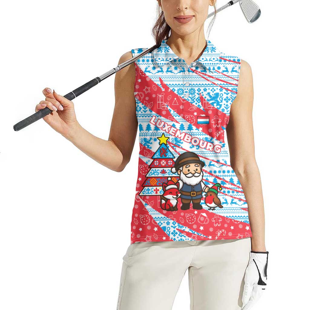 Luxembourg Christmas Women Sleeveless Polo Shirt with Santa Claus Fox Reindeer Tree and Red Blue Pattern Design - Wonder Print Shop