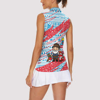 Luxembourg Christmas Women Sleeveless Polo Shirt with Santa Claus Fox Reindeer Tree and Red Blue Pattern Design - Wonder Print Shop