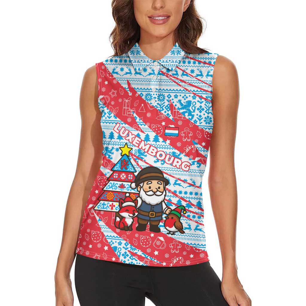 Luxembourg Christmas Women Sleeveless Polo Shirt with Santa Claus Fox Reindeer Tree and Red Blue Pattern Design - Wonder Print Shop