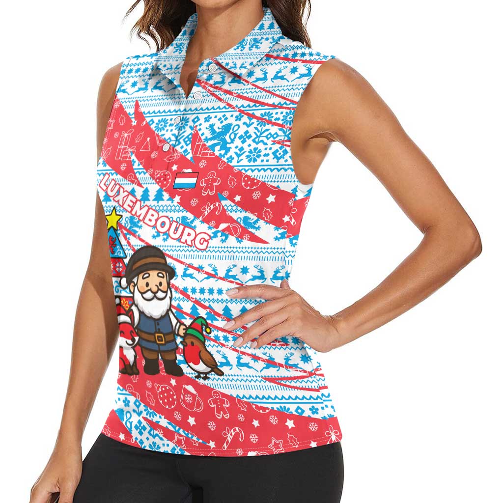 Luxembourg Christmas Women Sleeveless Polo Shirt with Santa Claus Fox Reindeer Tree and Red Blue Pattern Design - Wonder Print Shop