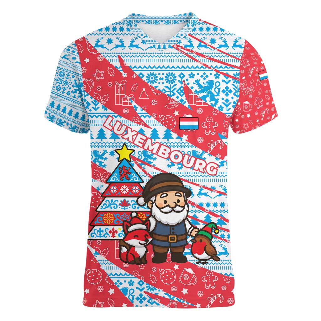 Luxembourg Christmas Women V-Neck T-Shirt with Santa Claus Fox Reindeer Tree and Red Blue Pattern Design - Wonder Print Shop