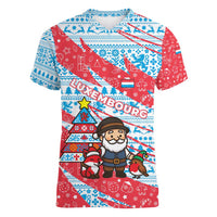 Luxembourg Christmas Women V-Neck T-Shirt with Santa Claus Fox Reindeer Tree and Red Blue Pattern Design - Wonder Print Shop
