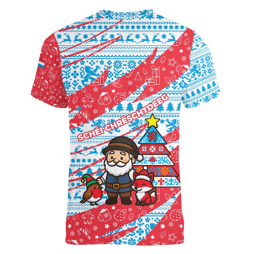 Luxembourg Christmas Women V-Neck T-Shirt with Santa Claus Fox Reindeer Tree and Red Blue Pattern Design - Wonder Print Shop