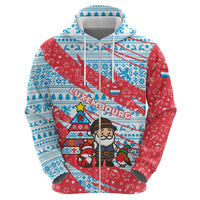 Luxembourg Christmas Zip Hoodie with Santa Claus Fox Reindeer Tree and Red Blue Pattern Design - Wonder Print Shop