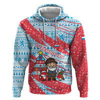 Luxembourg Christmas Zip Hoodie with Santa Claus Fox Reindeer Tree and Red Blue Pattern Design - Wonder Print Shop
