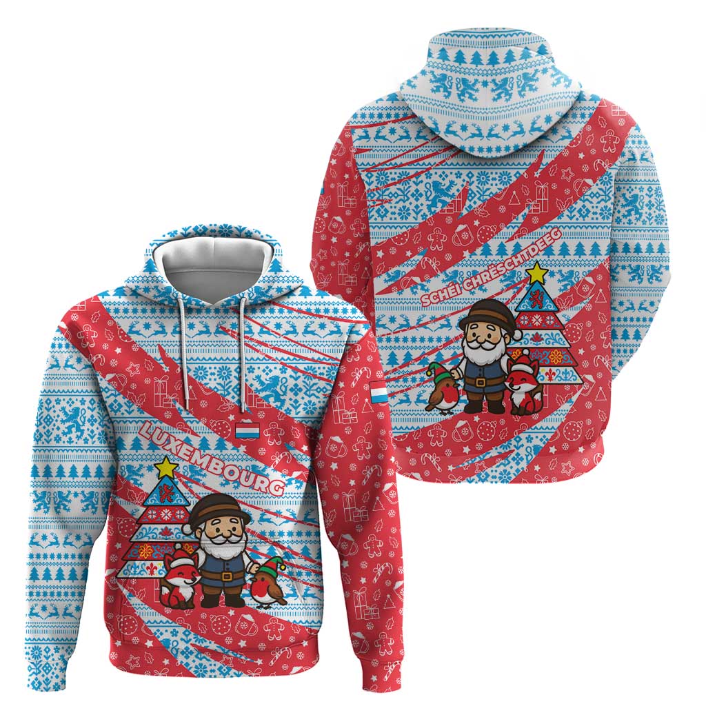 Luxembourg Christmas Zip Hoodie with Santa Claus Fox Reindeer Tree and Red Blue Pattern Design - Wonder Print Shop