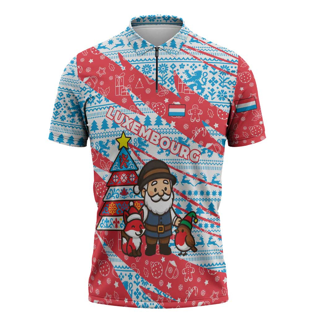 Luxembourg Christmas Zipper Polo Shirt with Santa Claus Fox Reindeer Tree and Red Blue Pattern Design - Wonder Print Shop