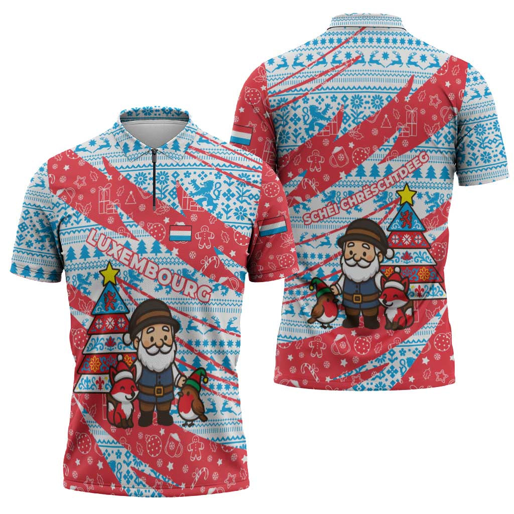 Luxembourg Christmas Zipper Polo Shirt with Santa Claus Fox Reindeer Tree and Red Blue Pattern Design - Wonder Print Shop