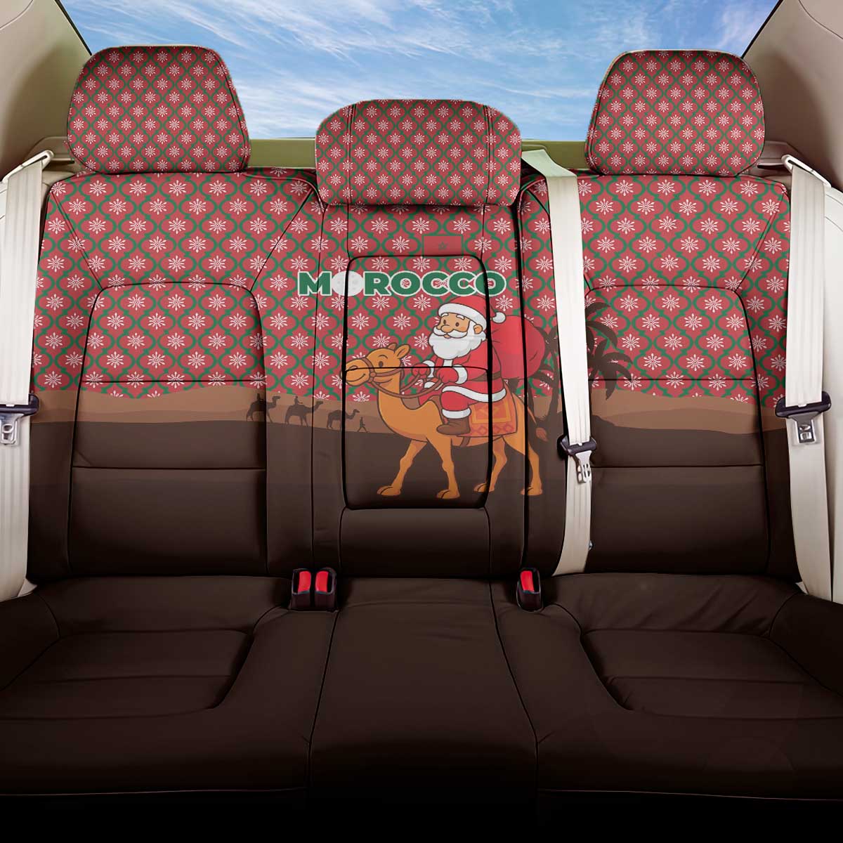 Morocco Christmas Back Car Seat Cover with Santa Claus Camel Caravan Desert Scene and Red Pattern Design - Wonder Print Shop