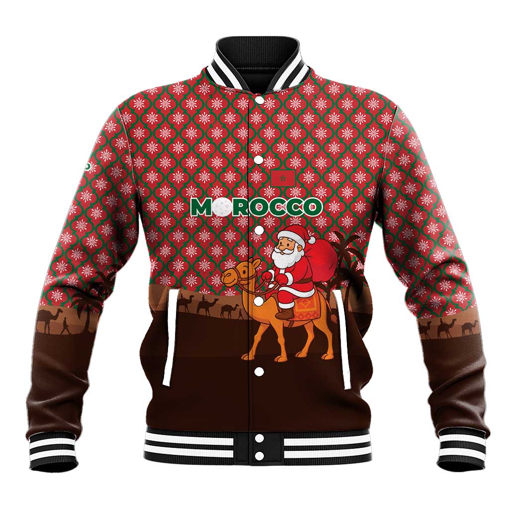 Morocco Christmas Baseball Jacket with Santa Claus Camel Caravan Desert Scene and Red Pattern Design - Wonder Print Shop