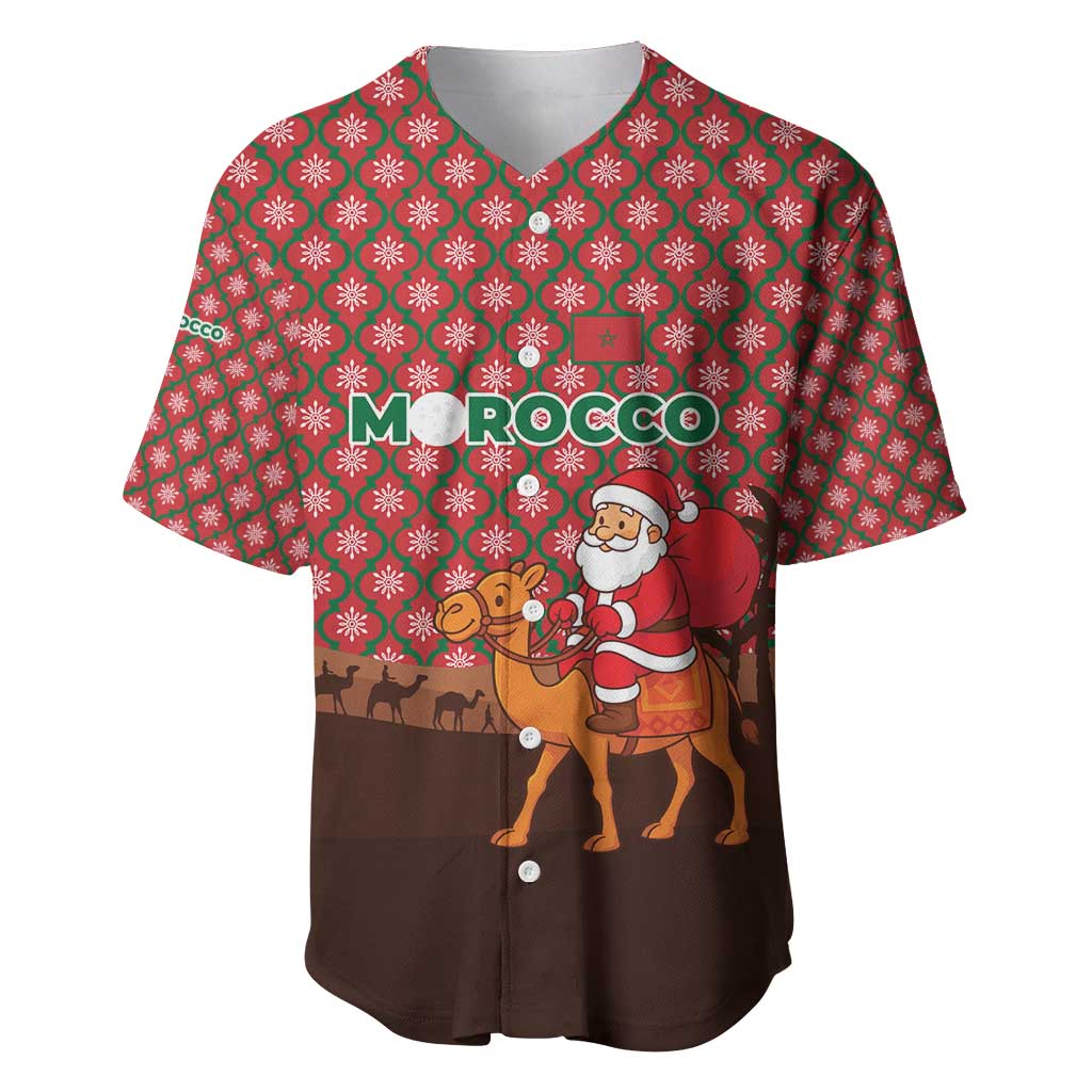 Morocco Christmas Baseball Jersey with Santa Claus Camel Caravan Desert Scene and Red Pattern Design - Wonder Print Shop