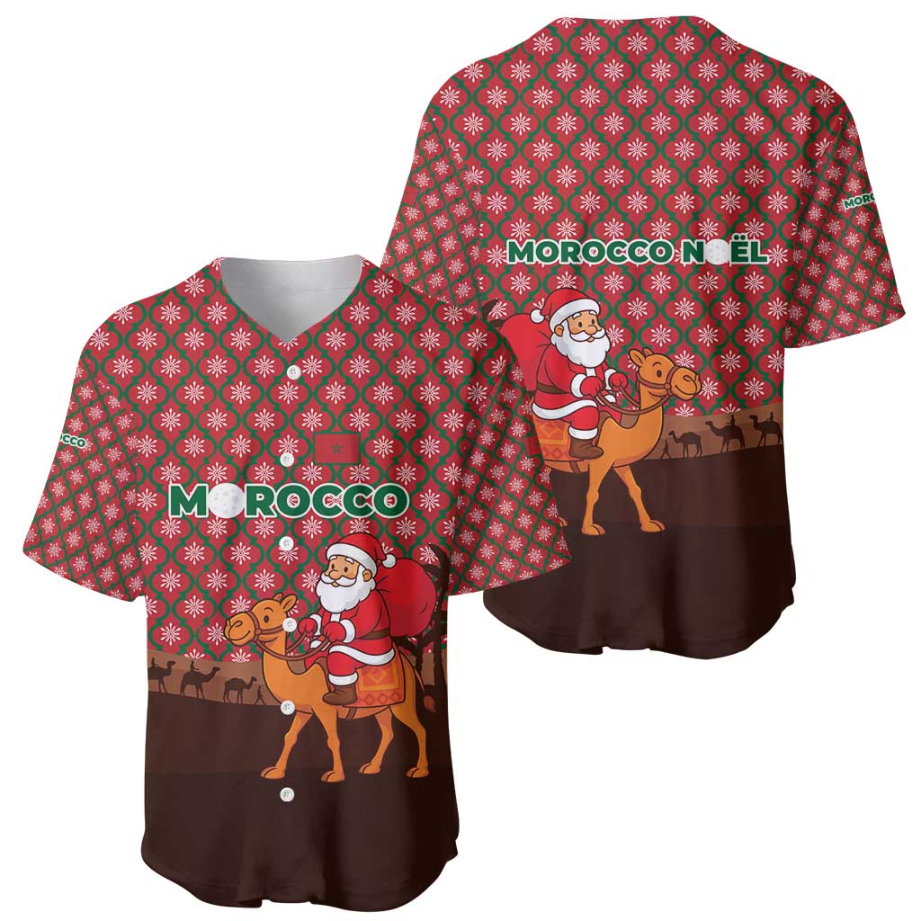 Morocco Christmas Baseball Jersey with Santa Claus Camel Caravan Desert Scene and Red Pattern Design - Wonder Print Shop