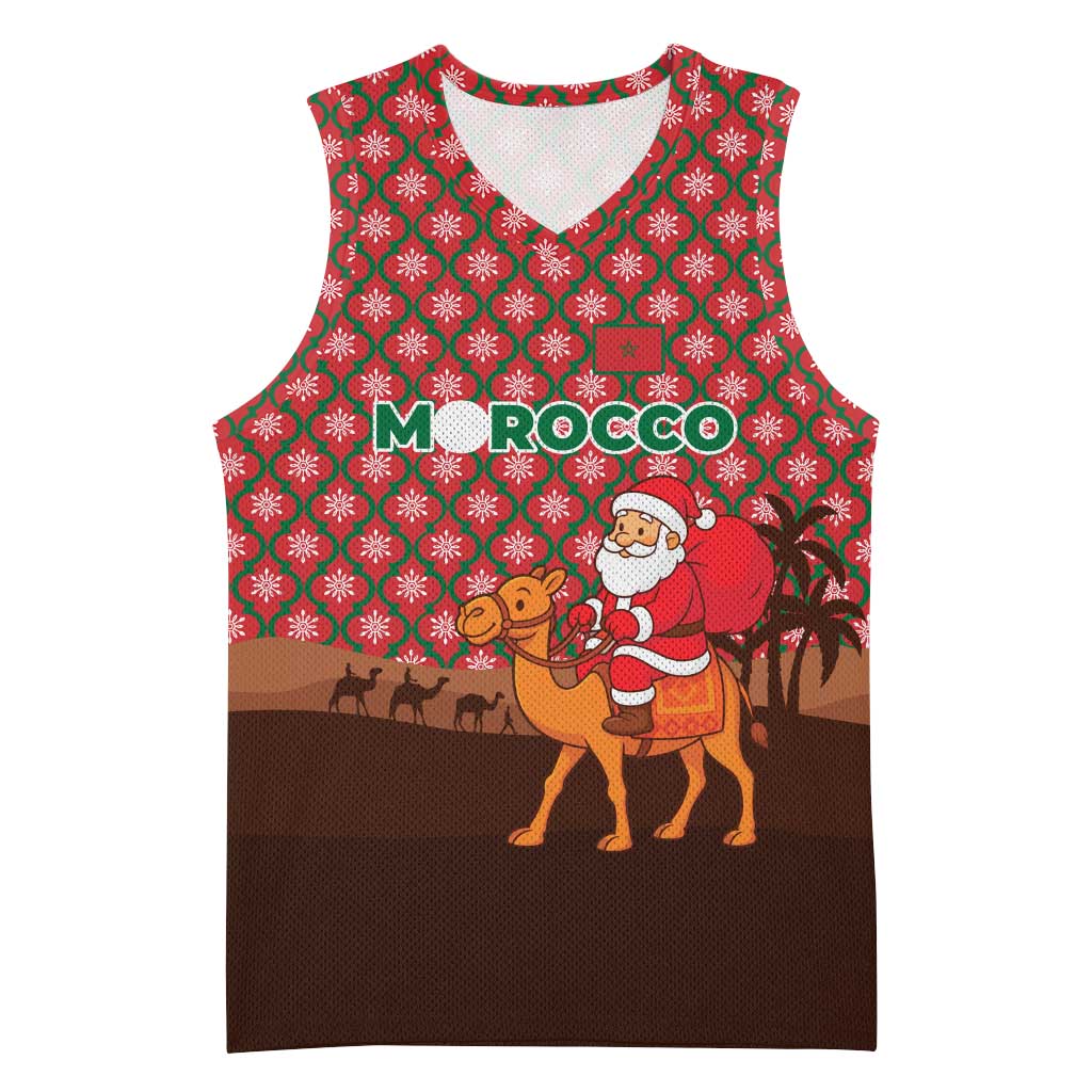 Morocco Christmas Basketball Jersey with Santa Claus Camel Caravan Desert Scene and Red Pattern Design - Wonder Print Shop