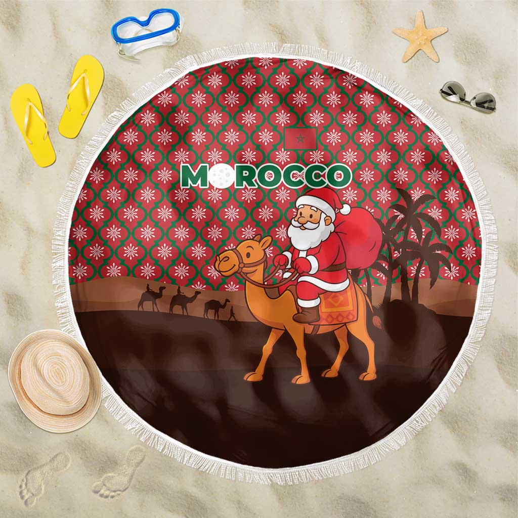 Morocco Christmas Beach Blanket with Santa Claus Camel Caravan Desert Scene and Red Pattern Design - Wonder Print Shop