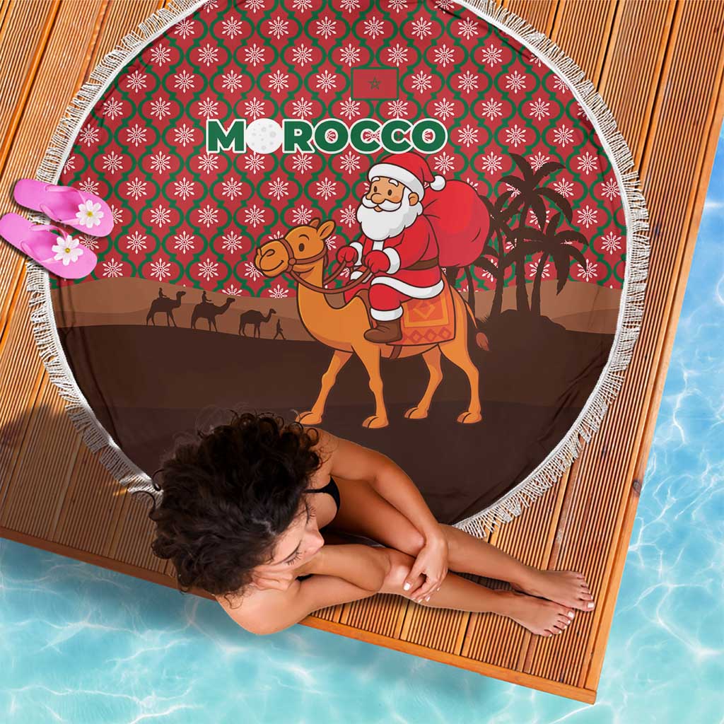 Morocco Christmas Beach Blanket with Santa Claus Camel Caravan Desert Scene and Red Pattern Design - Wonder Print Shop