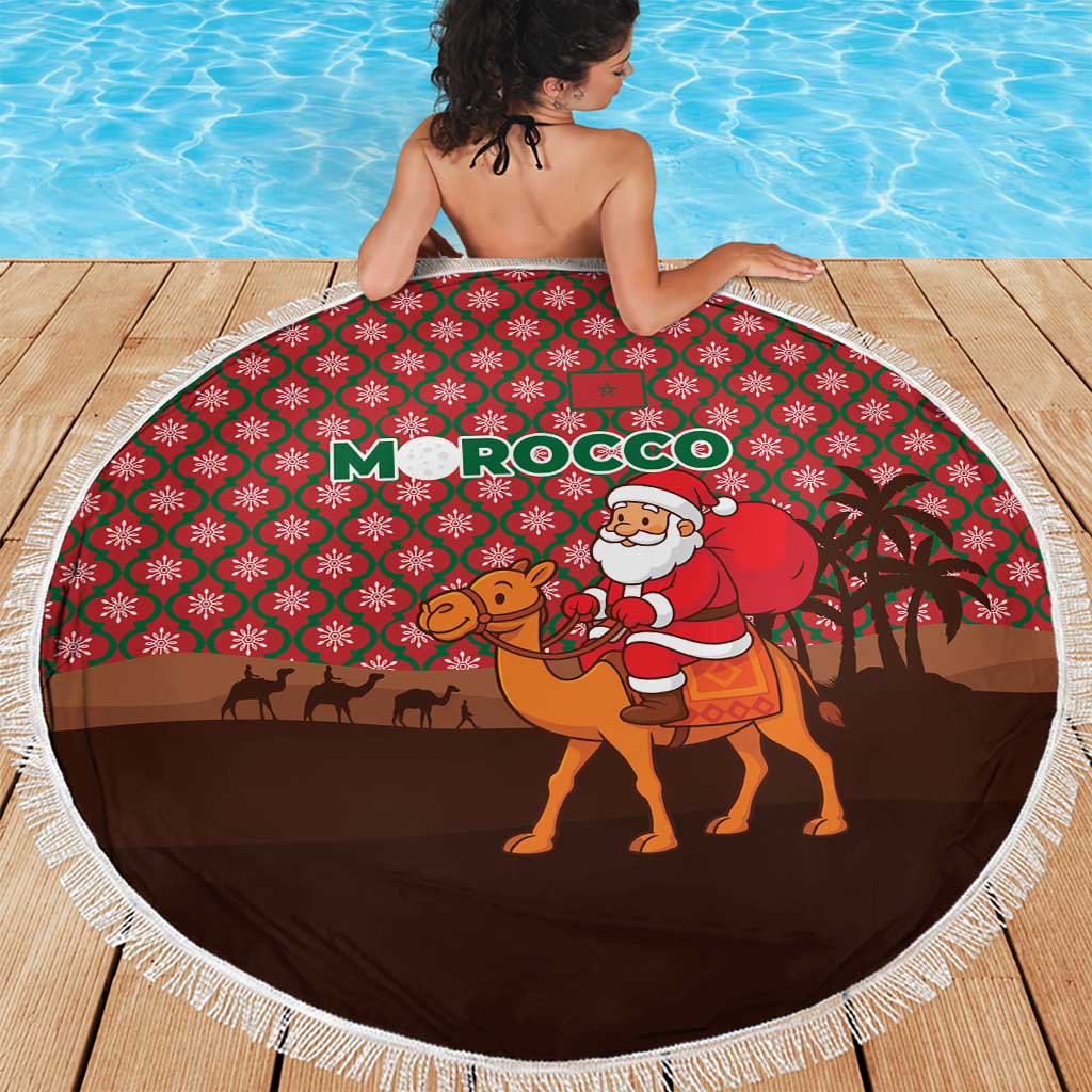 Morocco Christmas Beach Blanket with Santa Claus Camel Caravan Desert Scene and Red Pattern Design - Wonder Print Shop
