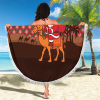 Morocco Christmas Beach Blanket with Santa Claus Camel Caravan Desert Scene and Red Pattern Design - Wonder Print Shop