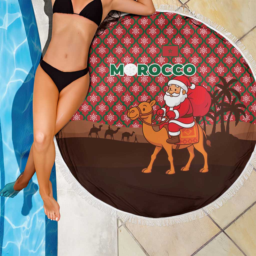 Morocco Christmas Beach Blanket with Santa Claus Camel Caravan Desert Scene and Red Pattern Design - Wonder Print Shop