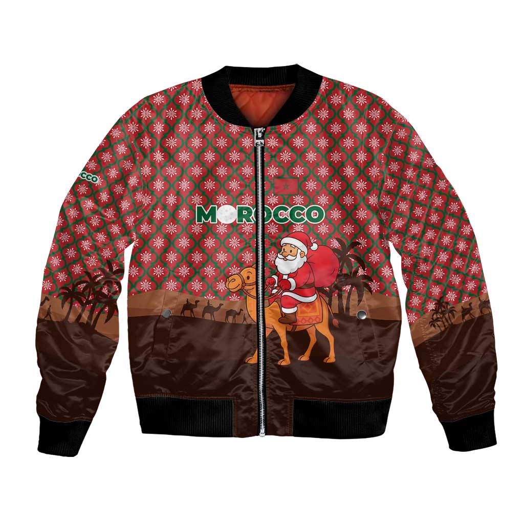 Morocco Christmas Bomber Jacket with Santa Claus Camel Caravan Desert Scene and Red Pattern Design - Wonder Print Shop