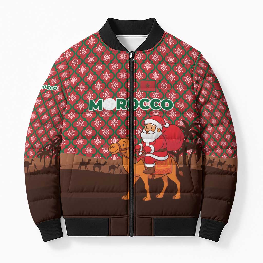 Morocco Christmas Bomber Puffer Jacket with Santa Claus Camel Caravan Desert Scene and Red Pattern Design - Wonder Print Shop