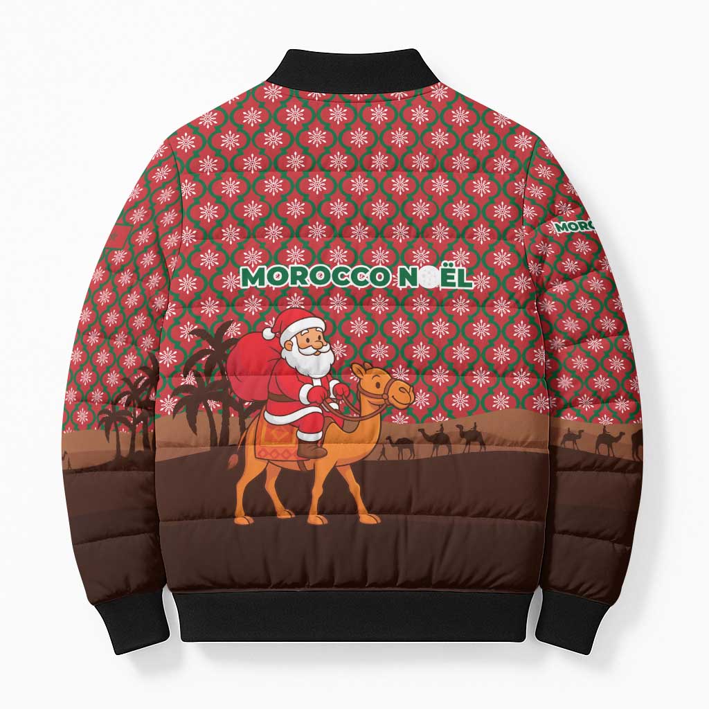 Morocco Christmas Bomber Puffer Jacket with Santa Claus Camel Caravan Desert Scene and Red Pattern Design - Wonder Print Shop