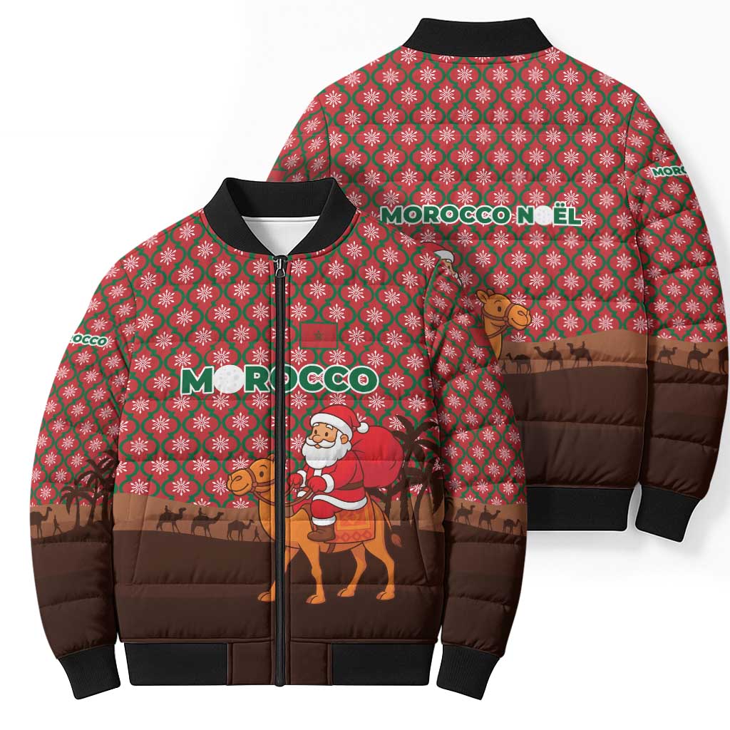 Morocco Christmas Bomber Puffer Jacket with Santa Claus Camel Caravan Desert Scene and Red Pattern Design - Wonder Print Shop