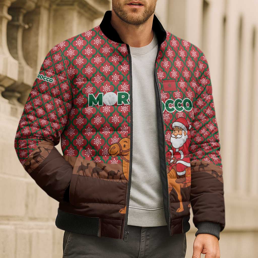 Morocco Christmas Bomber Puffer Jacket with Santa Claus Camel Caravan Desert Scene and Red Pattern Design - Wonder Print Shop