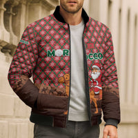 Morocco Christmas Bomber Puffer Jacket with Santa Claus Camel Caravan Desert Scene and Red Pattern Design - Wonder Print Shop