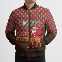 Morocco Christmas Bomber Puffer Jacket with Santa Claus Camel Caravan Desert Scene and Red Pattern Design - Wonder Print Shop