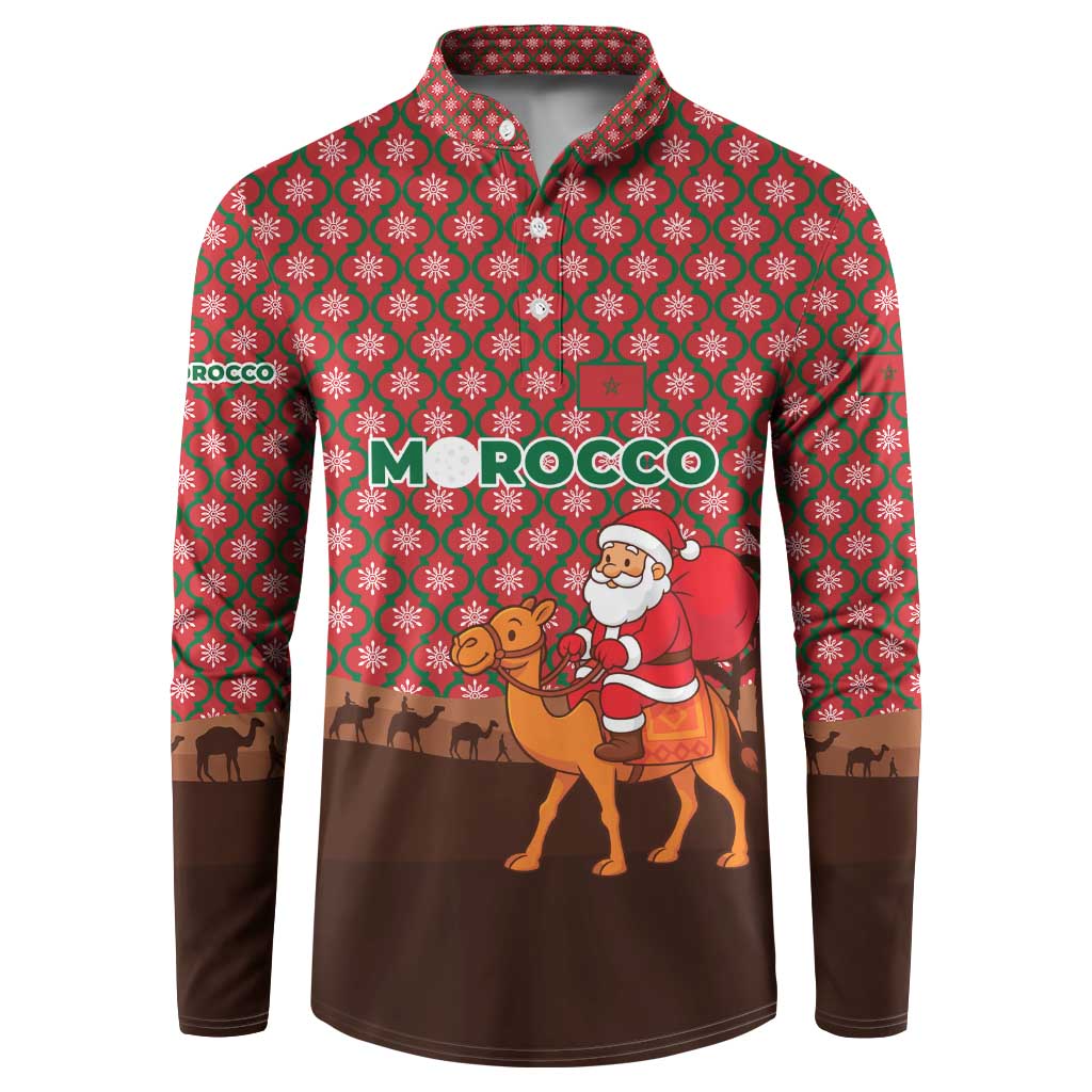 Morocco Christmas Button Sweatshirt with Santa Claus Camel Caravan Desert Scene and Red Pattern Design - Wonder Print Shop