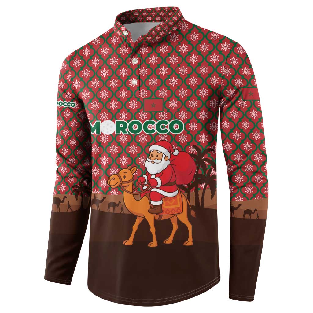 Morocco Christmas Button Sweatshirt with Santa Claus Camel Caravan Desert Scene and Red Pattern Design - Wonder Print Shop