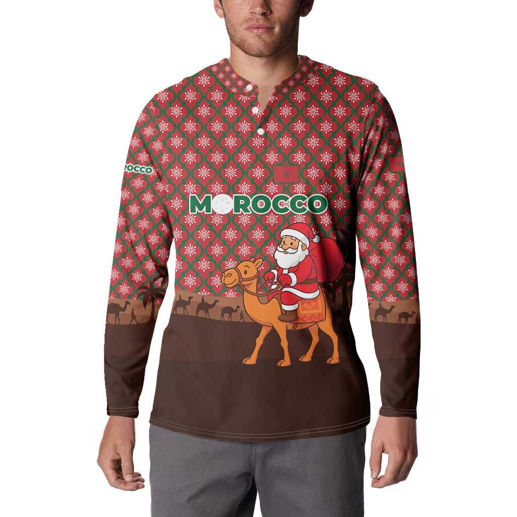 Morocco Christmas Button Sweatshirt with Santa Claus Camel Caravan Desert Scene and Red Pattern Design - Wonder Print Shop